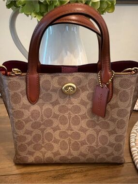 Coach Willow Brown Signature Canvas Tote with Tan Leather Trim